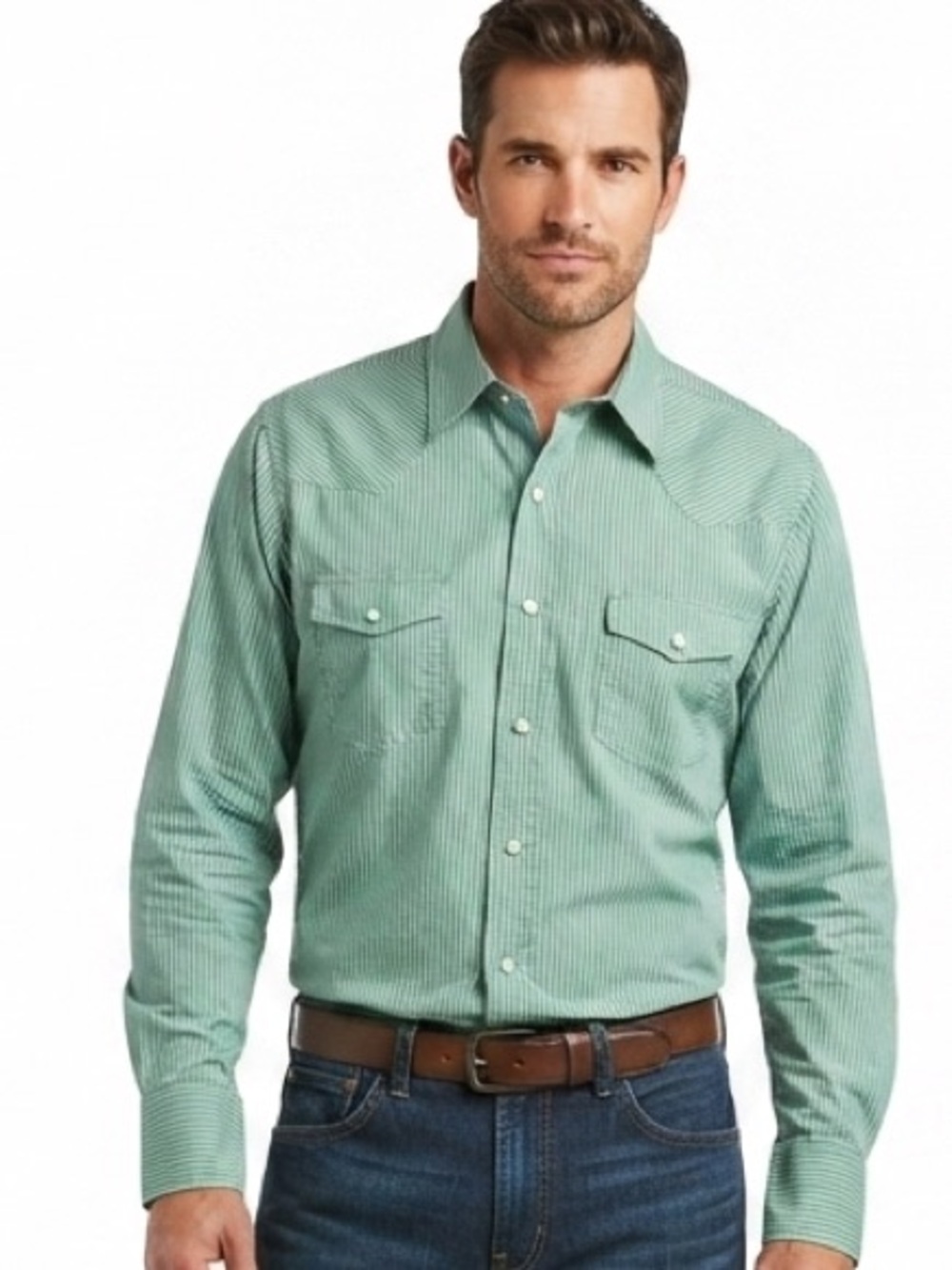Rancho Estancia Green Striped Western Pearl Snap Long Sleeve Shirt Medium M